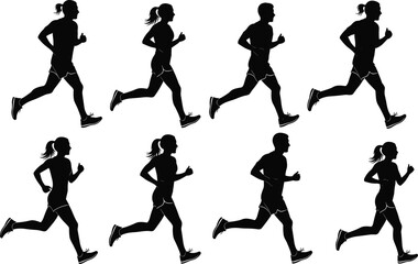Black silhouette male and female runners in various running stride positions wearing athletic clothing and shoes, sports training vector illustration set