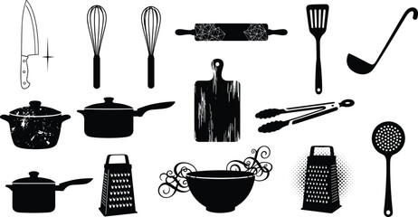 Silhouettes of kitchen tools including knife, whisk, rolling pin, spatula, ladle, pots, cutting board, tongs, graters, bowl.