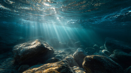 Sunlight streaming through ocean surface illuminating underwater rocks