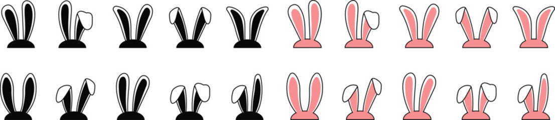 Easter bunny ears icon set. Black and pink silhouette vector illustration isolated on transparent background, elements for easter decoration, cutting or printing. Rabbit ears kid headband designs.