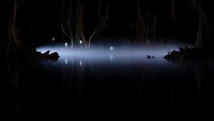 Abstract light trails and reflections create a mystical atmospheric glow on a dark and mysterious surface suggesting movement and energy in this digital art.