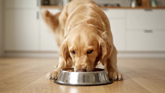 Golden Retriever Enjoying Meal - A Golden Retriever dog attentively eats its food from a stainless steel bowl on a light wood floor. The kitchen is blurred in the background.