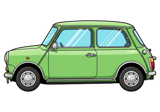 Retro green classic mini cooper car side view cartoon style art isolated on transparent background