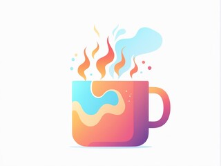 A colorful cup with a hot beverage creating steam and bubbles