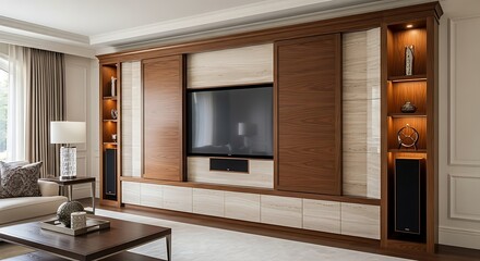 Sophisticated Custom Media Wall with Dark Wood, Fabric Panels, and Integrated Ambient Lighting in a Luxury Home.
