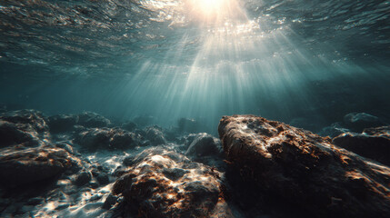 Sunlight streaming through ocean surface illuminating underwater rocks