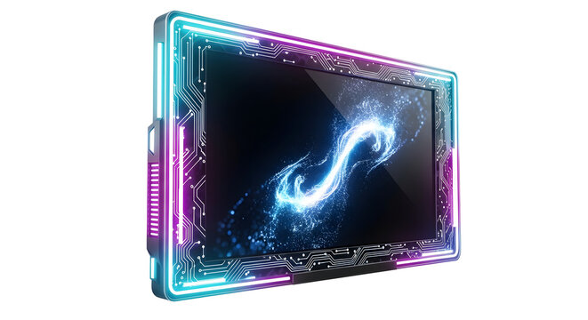 3D illustration of a futuristic tv with neon lights, glowing details, modern cyberpunk design, isolated on white background.generative ai - Powered by Adobe