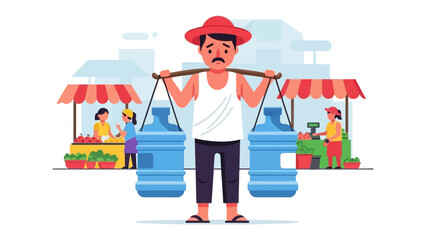 Water Carrier's Daily Hustle: A dedicated water carrier navigating a bustling market with unwavering determination, carting vital supplies of fresh water in a vibrant outdoor setting.