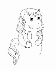 Outline of horse in mittens holds a glass of champagne and a sparkler. Vector illustration on a white background