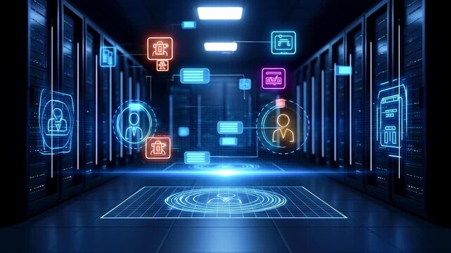 Futuristic data center with holographic interfaces displaying user information and analytics - Powered by Adobe