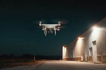 Naklejka premium security drone patrols warehouse at night reacting to movement with ultrabright lights