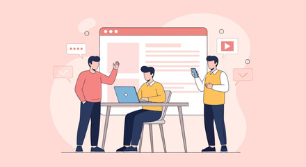 Three stylized people collaborating on a digital project with speech bubbles.