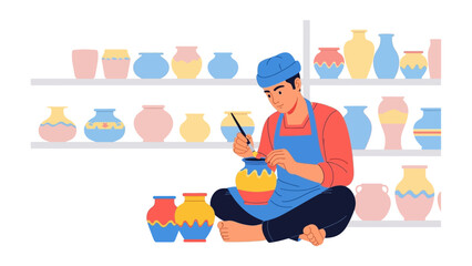 Potter's Touch: A craftsman, immersed in his craft, meticulously paints a vibrant design onto a pottery piece, showcasing the dedication of artisan skill.