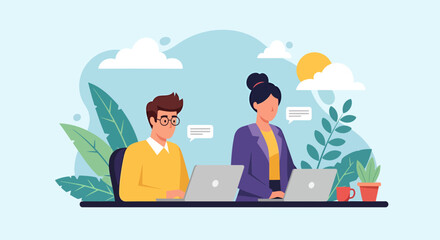 Two colleagues working together on laptops in a modern office setting.