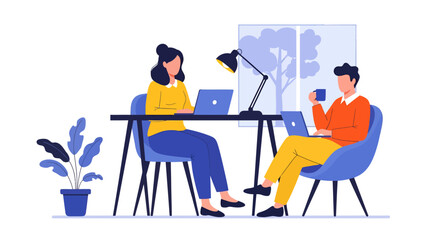 Two Faceless People Working at Desks with Laptops and Coffee.