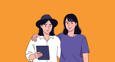 Fototapeta premium Two smiling women one in a hat holding a tablet arm around the other.