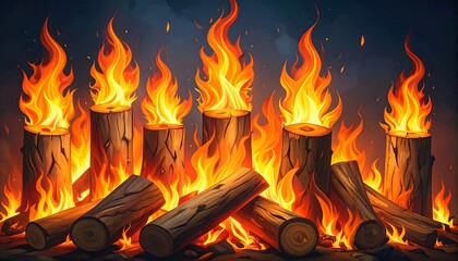 A vibrant bonfire scene with logs ablaze
