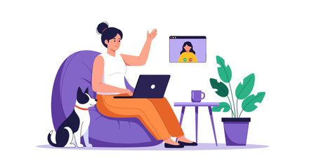 Woman in Orange Pants on Video Call with Dog Sitting Beside Purple Beanbag.