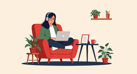 Woman with Headphones Working on Laptop in Red Armchair with Plants 1.