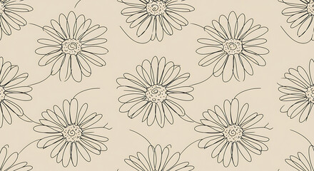 Seamless daisy flower line art pattern on light beige background
