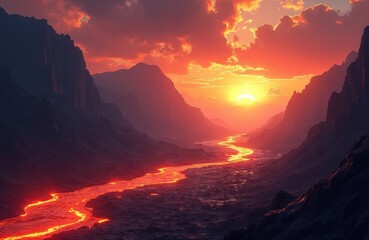 Dramatic mountain valley illuminated by vibrant sunset. Glowing river of lava flows through landscape. Fiery orange, red clouds fill sky, casting warm light on rugged terrain. Scene evokes sense of