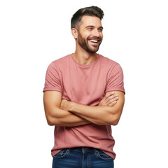 Obraz premium Smiling man with crossed arms wearing a pink t-shirt and jeans transparent background