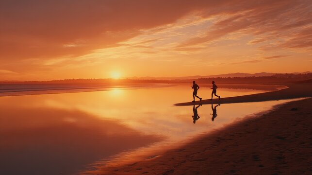 two people are running along a sandy beach at sunset