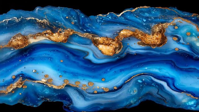 Abstract blue and gold agate stone with flowing patterns and shimmering textures, ideal for backgrounds