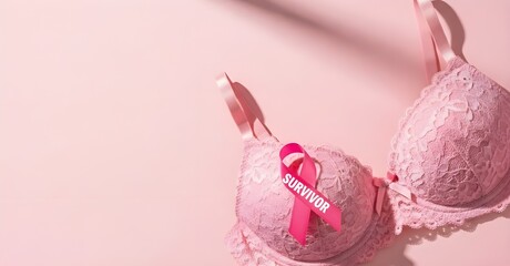 Soft Pink Bra with Breast Cancer Awareness Ribbon and “Survivor” Text on Pastel Background – Women’s Health and Hope Concept