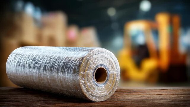 Focused view of stretch wrap tightly encasing a pallet blurred warehouse setting in background showcasing durability and protection against moisture and dust.