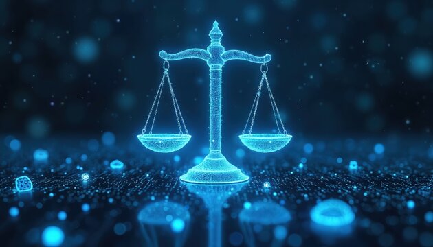 Digital illustration visualizes ethical AI regulations balance. Futuristic glowing scales of justice symbolize legal compliance, responsibility, governance in technology. Abstract concept represents