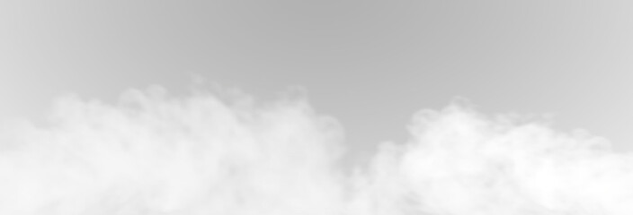 The image depicts various atmospheric phenomena such as fog, smoke, mist, and steam. The realistic 3D vector mockup shows a perspective view of white smog clouds. 