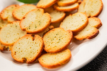 Crisps croutons with greens croutons delicious snack fresh delicious gourmet food background on the table  rustic food top view copy space