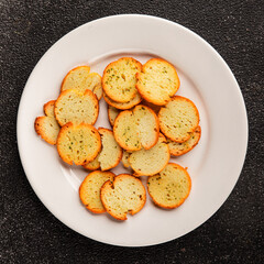 Crisps croutons with greens croutons delicious snack fresh delicious gourmet food background on the table  rustic food top view copy space