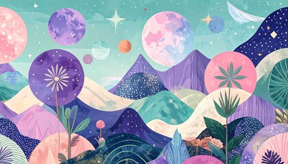 Vibrant abstract geometric backgrounds with floral motifs.