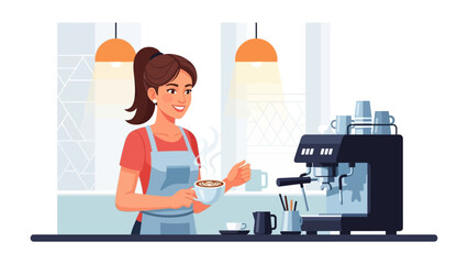 Barista's Coffee Moment: A skilled barista, adorned in a clean apron, delicately holds a cup of freshly brewed coffee, ready to serve at a professional espresso machine