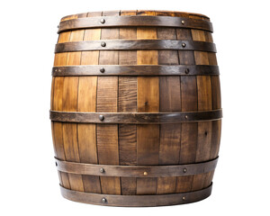 Obraz premium A vintage wooden barrel with metal hoops, isolated on transparent background