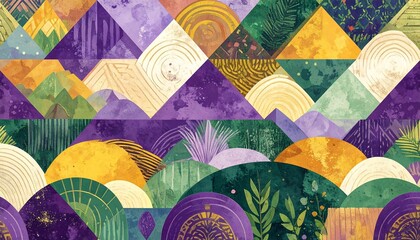 Vibrant abstract geometric backgrounds with floral motifs.