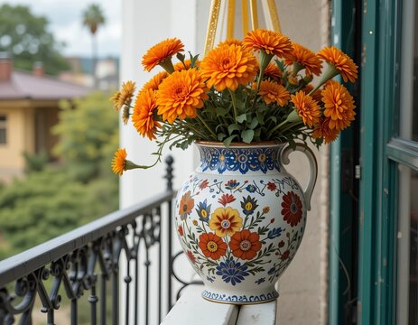 Vibrant orange marigolds bloom in a decorative ceramic vase hanging on a balcony railing. - Powered by Adobe