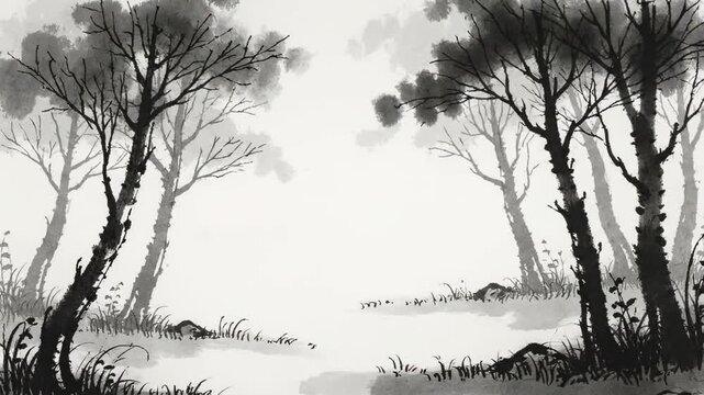 Minimalist Ink Painting of a Forest - A serene black and white ink painting depicts a minimalist forest scene.