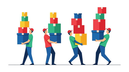 Heavy Load of Delivery: An illustration shows a team of delivery workers carefully maneuvering stacks of brightly colored boxes, symbolizing effort and efficiency.