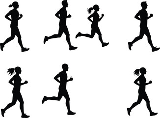 Running silhouettes, athletic motion, fitness activity, female runners, male runners, exercise, health, sport, training, movement, speed, energy, workout, race, active lifestyle, white background