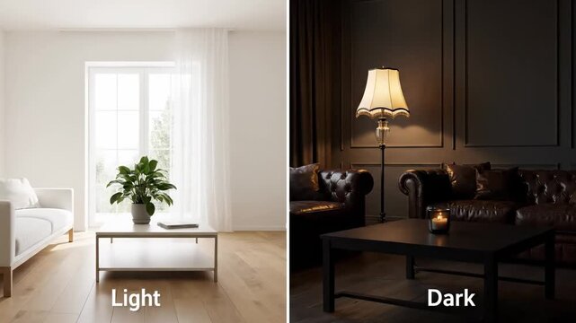 Light and Dark Living Room Interior Design Comparison - A split-screen comparison showcasing two different interior design styles for a living room: a bright, airy space with a white sofa and a