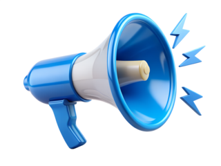 A blue and white megaphone with sound waves, isolated on transparent background