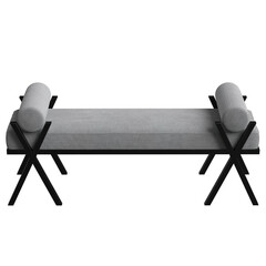Minimalist bench with black crossed legs, upholstered seat and two cylindrical pillows, perfect for modern interior design and furniture mockups.