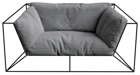 Stylish armchair with a minimal black metal frame and soft gray cushions, ideal for modern interiors, design projects, and furniture mockups.