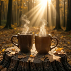 Two steaming coffee mugs rest on a tree stump, surrounded by fallen autumn leaves, as sunlight filters softly through the trees