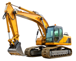 A yellow excavator with a large bucket, isolated on transparent background