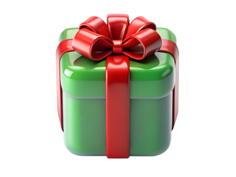 Green gift box with red ribbon and bow isolated on transparent background