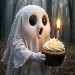 A ghostly figure stands in a misty forest, holding a cupcake adorned with a single lit birthday candle 